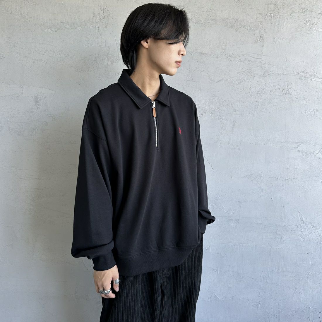 U.S.POLO ASSN. [ユーエスポロアッスン] 別注 ワンポイントロゴ刺繍 ハーフジップポロスウェット [PLM43103IN-JF] ﾌﾞﾗｯｸ&&モデル身長：179cm 着用サイズ：XL&&