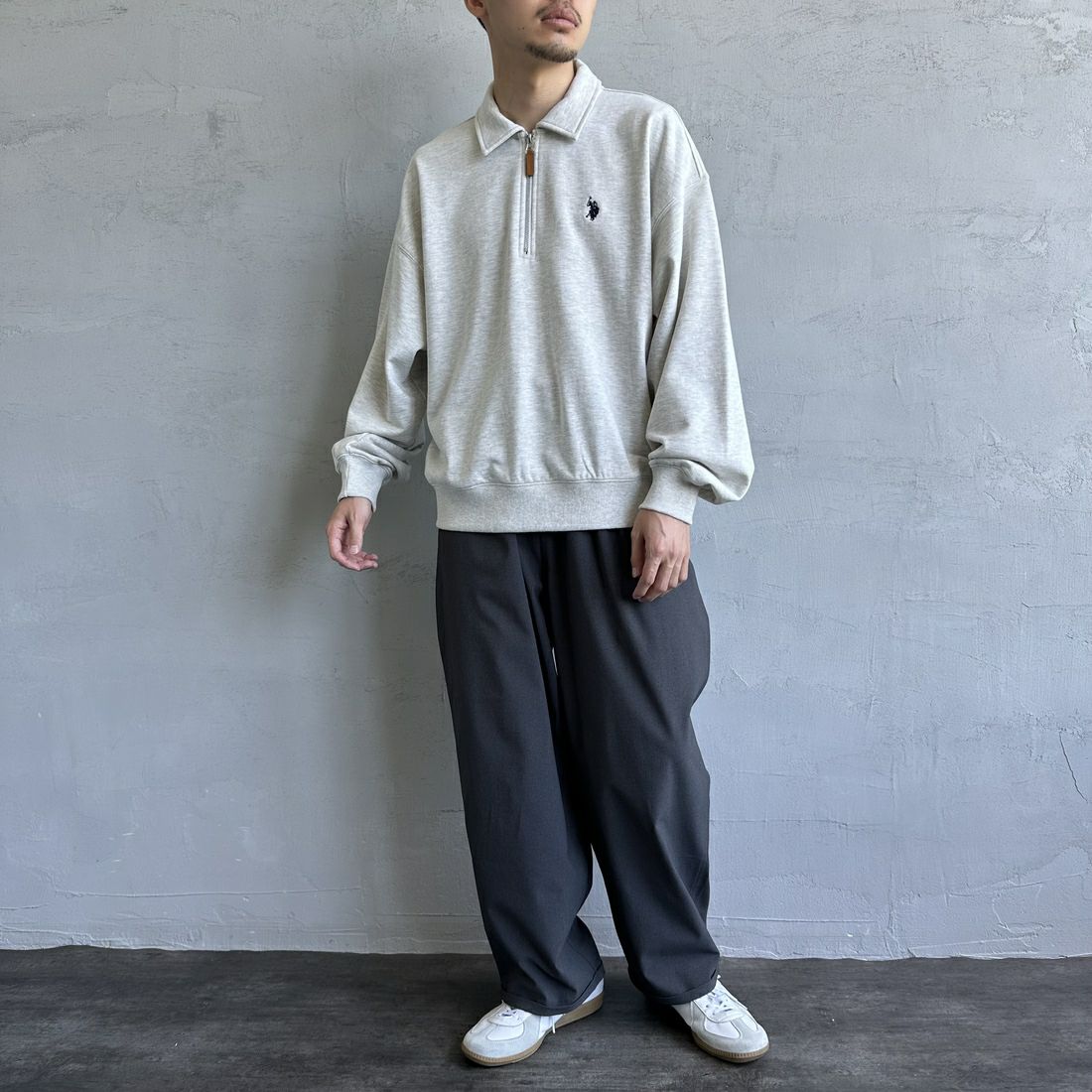 U.S.POLO ASSN. [ユーエスポロアッスン] 別注 ワンポイントロゴ刺繍 ハーフジップポロスウェット [PLM43103IN-JF] ASHｸﾞﾚｰ&&モデル身長：168cm 着用サイズ：M&&