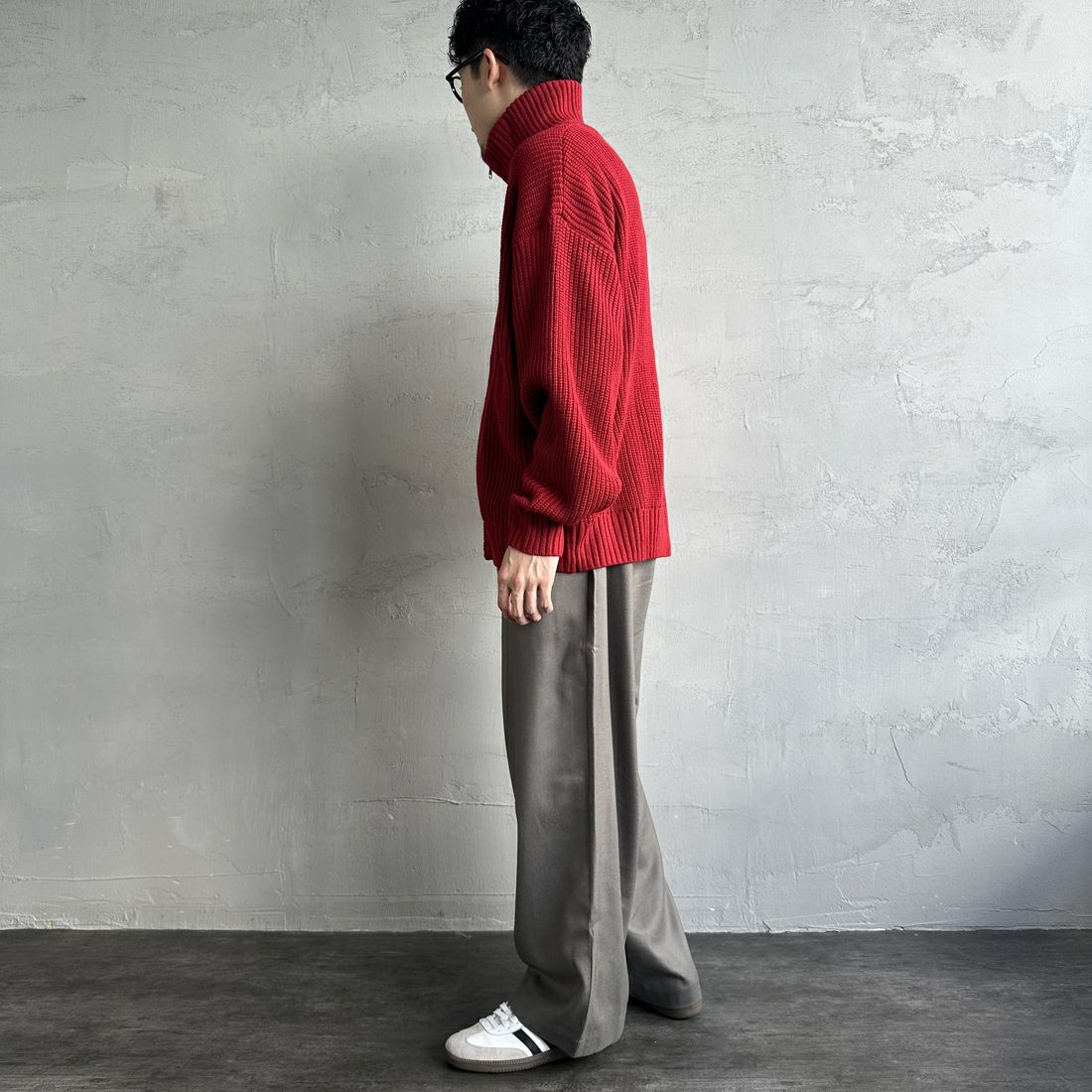 U.S.POLO ASSN. [ユーエスポロアッスン] 別注 ワンポイントロゴ刺繍 ドライバーズニットカーディガン [PLM43409IN-JF] ﾚｯﾄﾞ&&モデル身長：168cm 着用サイズ：M&&