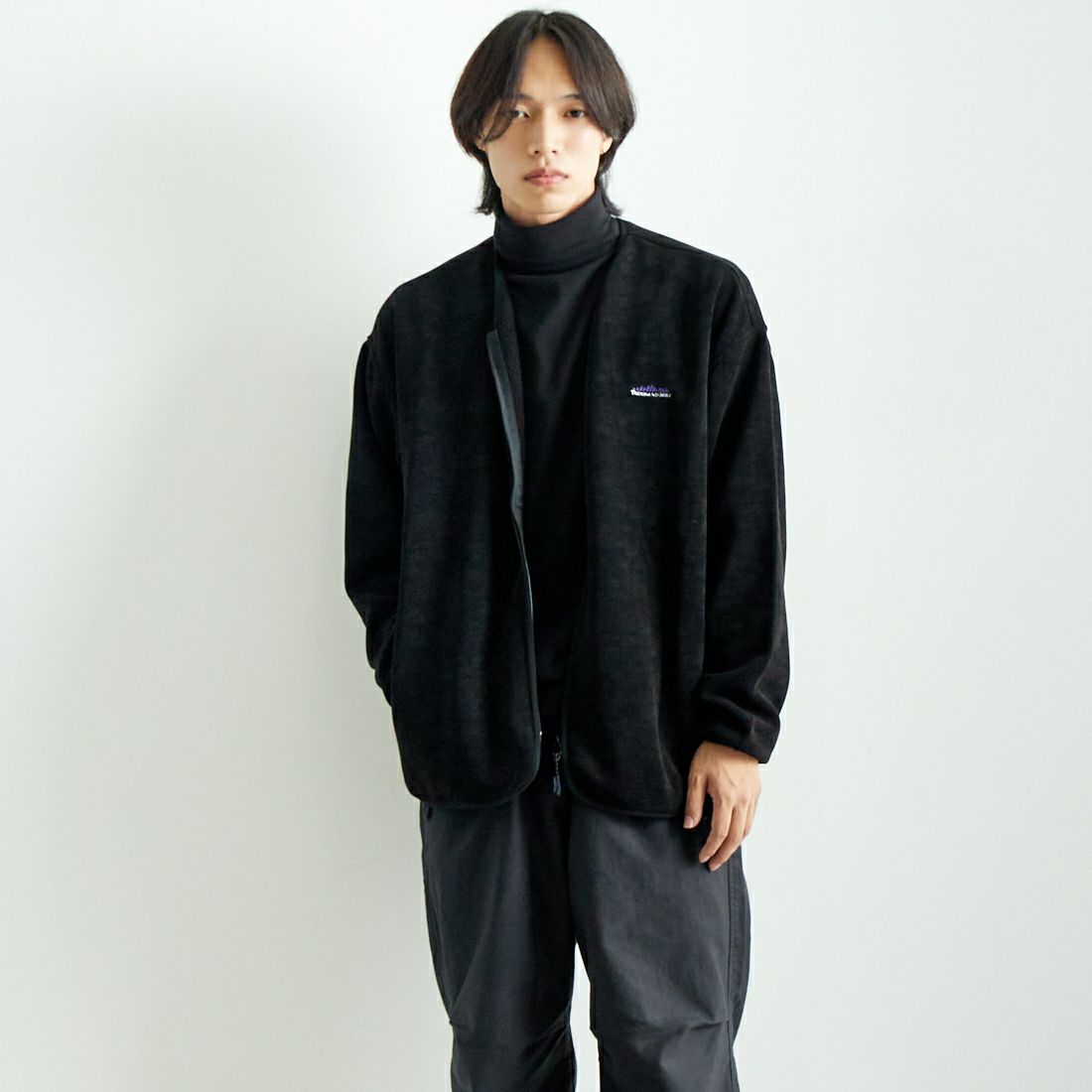 THOUSAND MILE [サウザンド マイル] ニットフリース ジップカーディガン [TM242KF00101] 09 BLACK &&モデル身長：179cm 着用サイズ：L&&