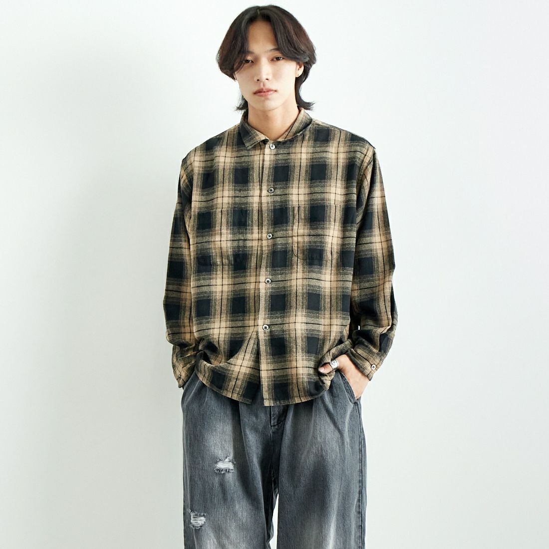 BEIGE CHEC&&モデル身長：179cm 着用サイズ：L&&