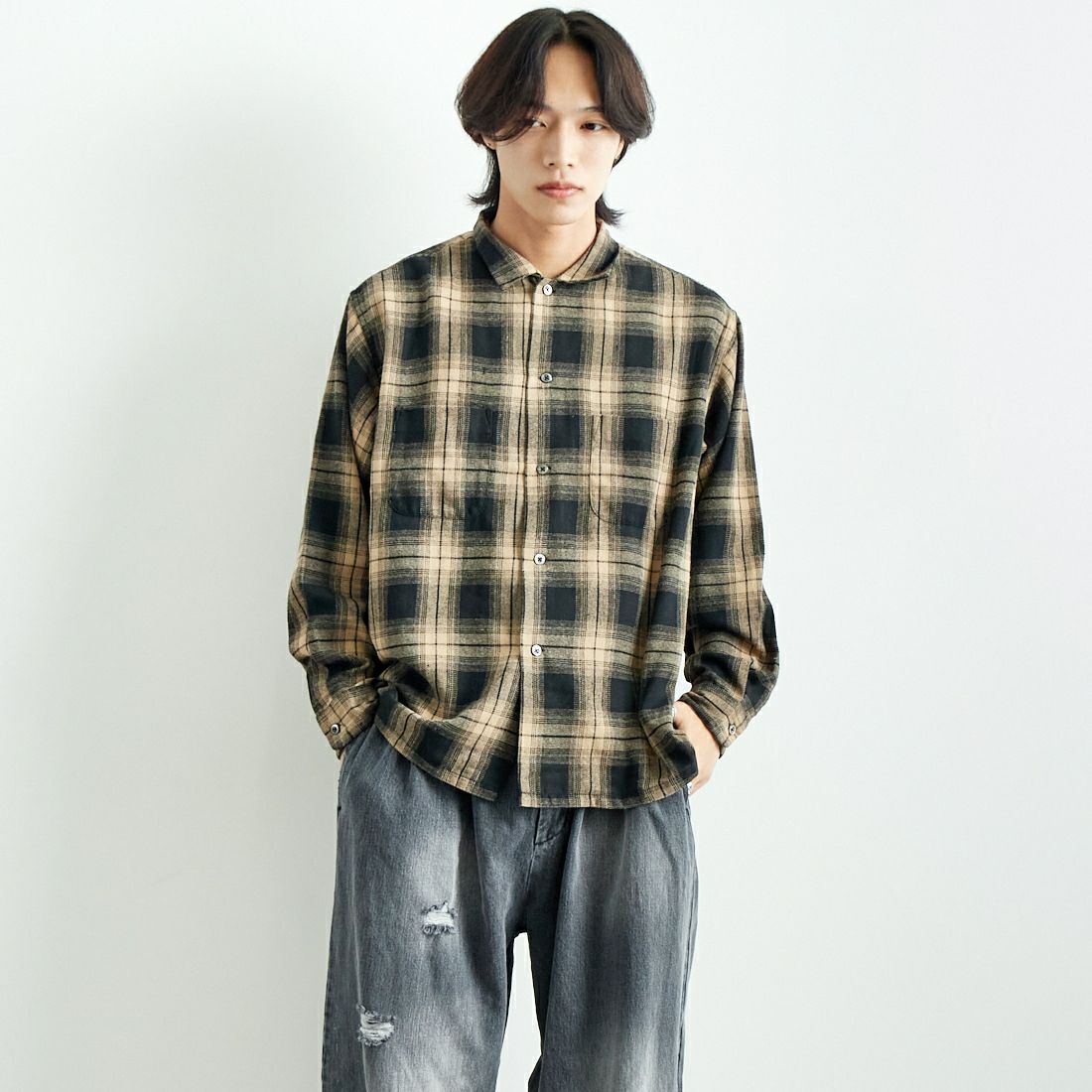 DAN RIVER [ダンリバー] 別注 オープンカラーシャツ [DR24S003-JF] BEIGE CHEC &&モデル身長：179cm 着用サイズ：L&&