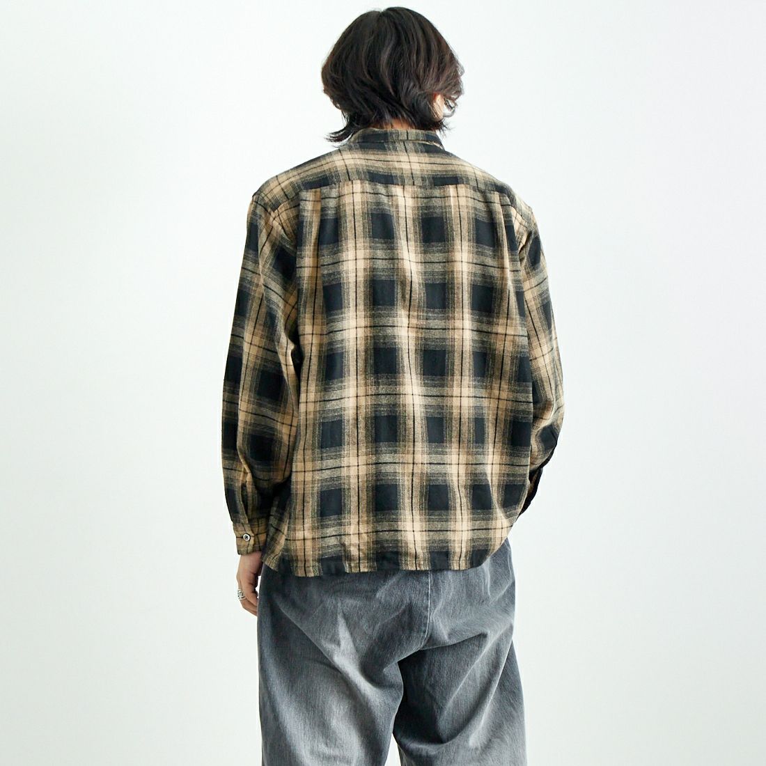 DAN RIVER [ダンリバー] 別注 オープンカラーシャツ [DR24S003-JF] BEIGE CHEC &&モデル身長：179cm 着用サイズ：L&&