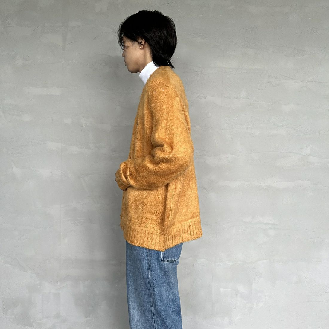 THE FOX [ザフォックス] 別注 シャギーモヘアカーディガン [PN24F010-JF] MUSTARD &&モデル身長：179cm 着用サイズ：M&&