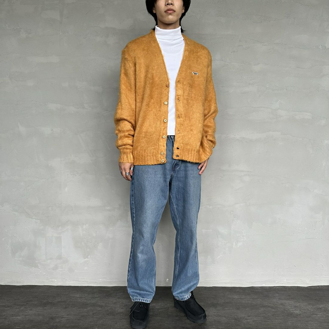 THE FOX [ザフォックス] 別注 シャギーモヘアカーディガン [PN24F010-JF] MUSTARD &&モデル身長：179cm 着用サイズ：M&&