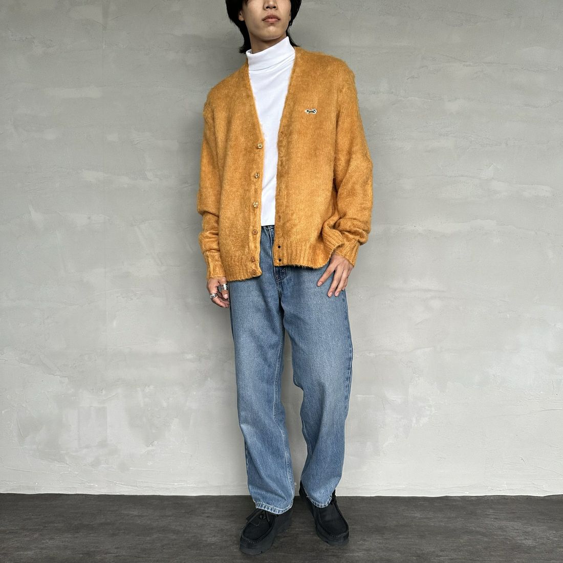 THE FOX [ザフォックス] 別注 シャギーモヘアカーディガン [PN24F010-JF] MUSTARD &&モデル身長：179cm 着用サイズ：M&&