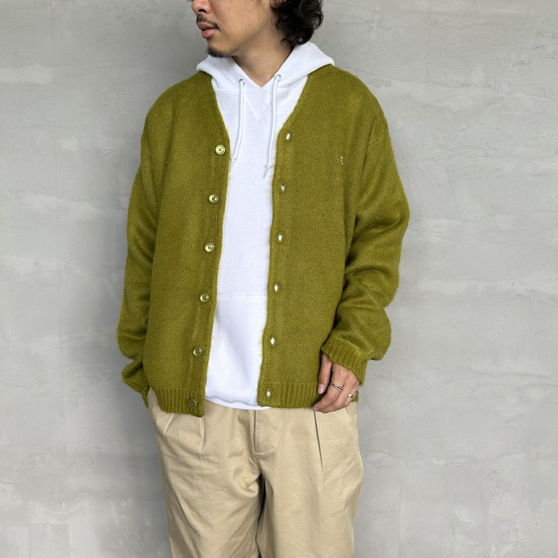 THE FOX [ザフォックス] 別注 シャギーモヘアカーディガン [PN24F010-JF] GREEN &&モデル身長：173cm 着用サイズ：M&&