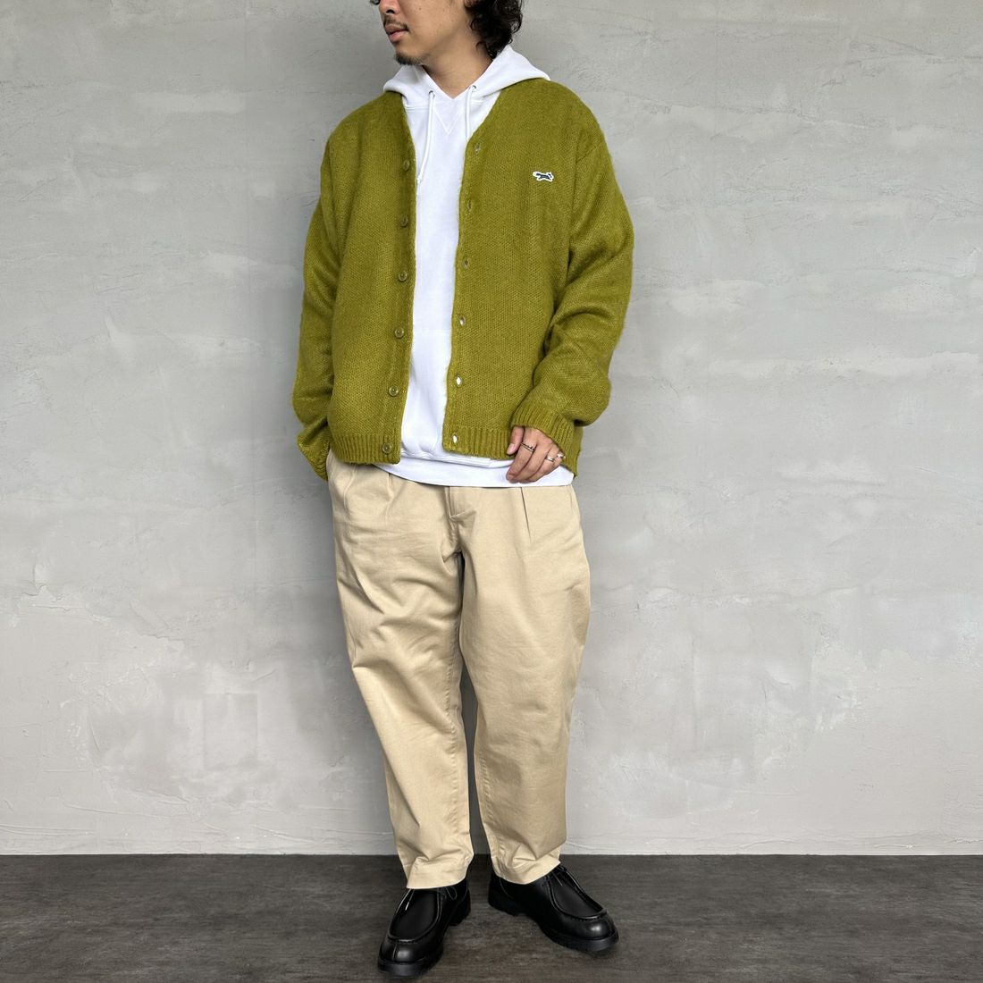 THE FOX [ザフォックス] 別注 シャギーモヘアカーディガン [PN24F010-JF] GREEN &&モデル身長：173cm 着用サイズ：M&&