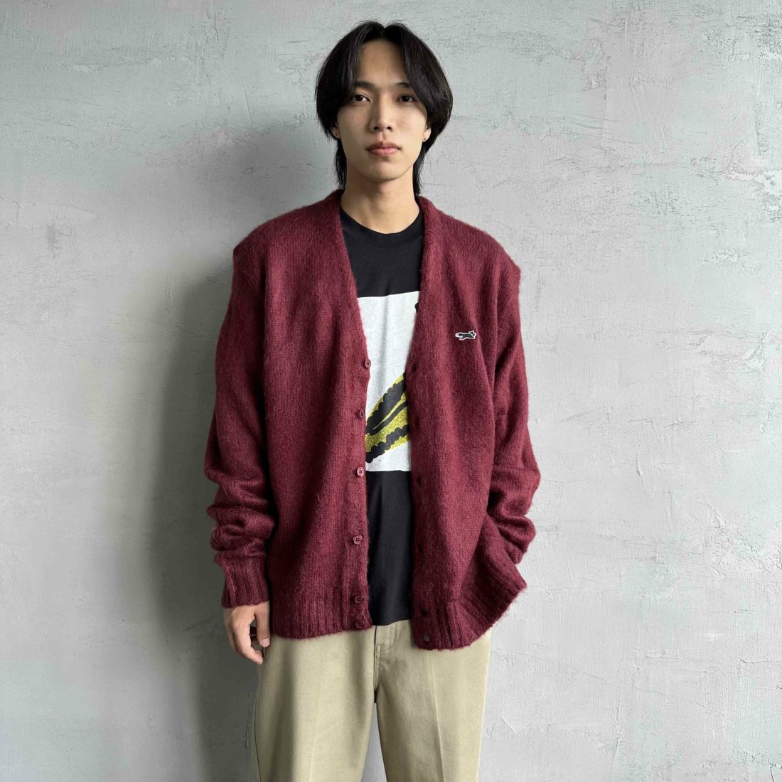 THE FOX [ザフォックス] 別注 シャギーモヘアカーディガン [PN24F010-JF] BURGUNDY &&モデル身長：179cm 着用サイズ：L&&