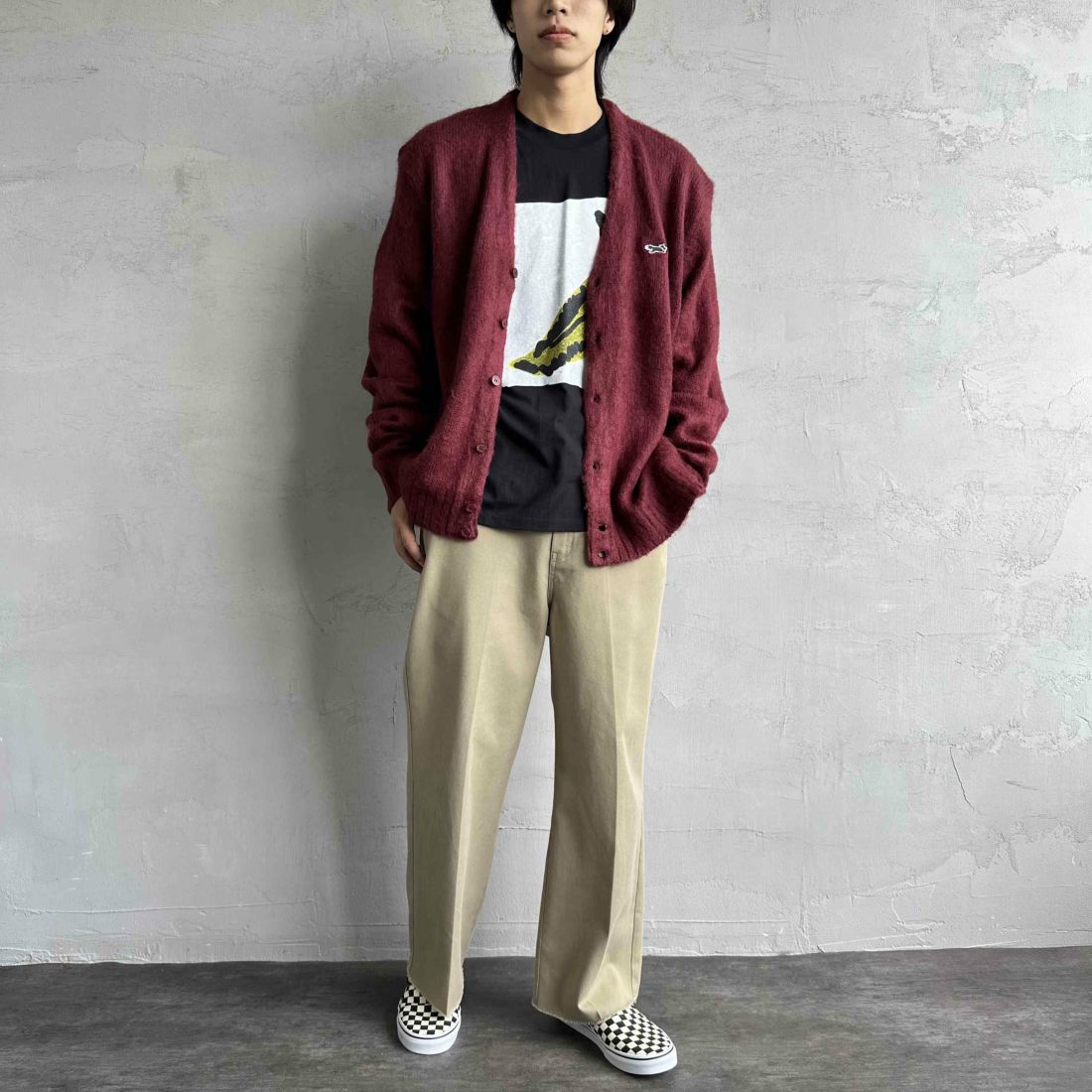 THE FOX [ザフォックス] 別注 シャギーモヘアカーディガン [PN24F010-JF] BURGUNDY &&モデル身長：179cm 着用サイズ：L&&