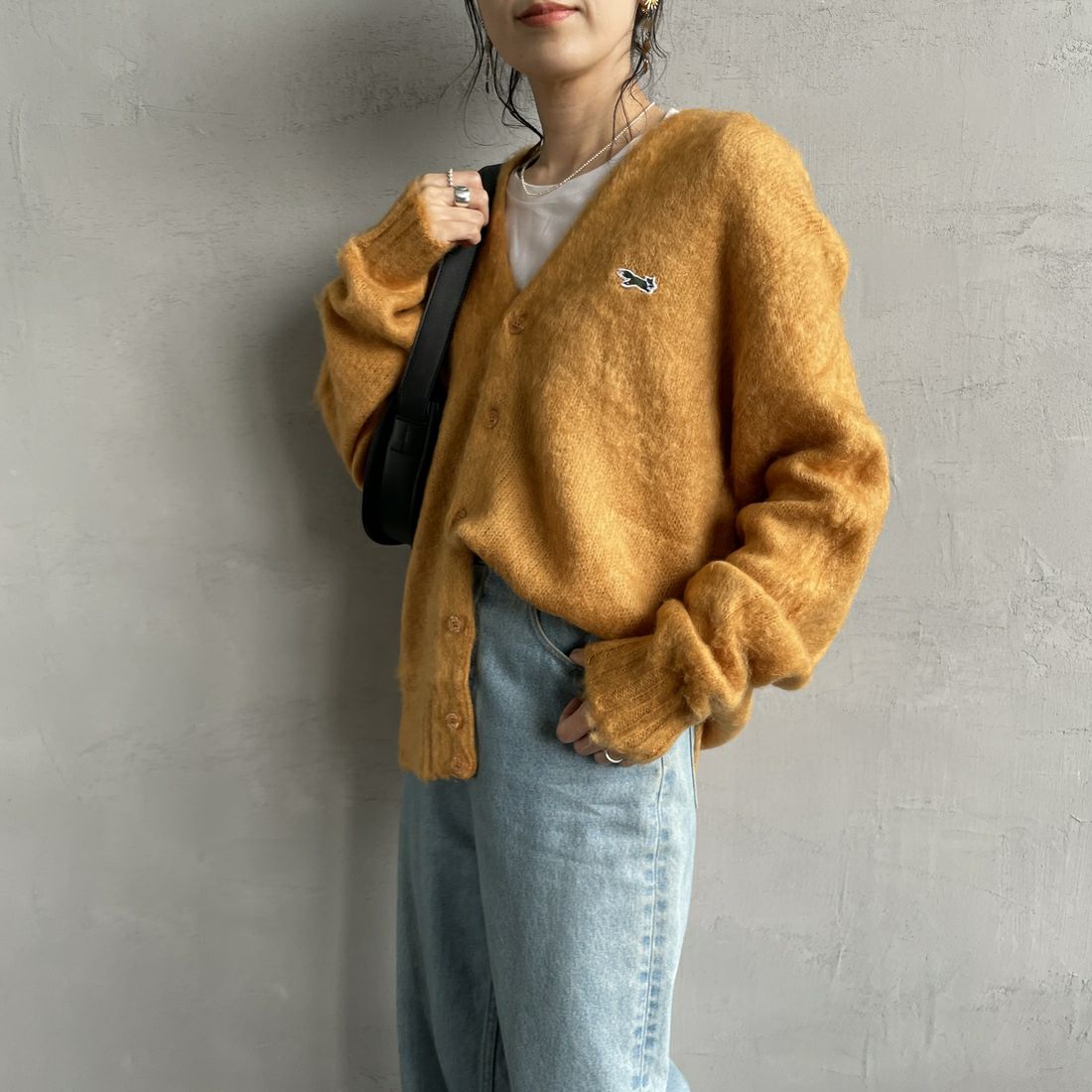 THE FOX [ザフォックス] 別注 シャギーモヘアカーディガン [PN24F010-JF] MUSTARD &&モデル身長：160cm 着用サイズ：S&&