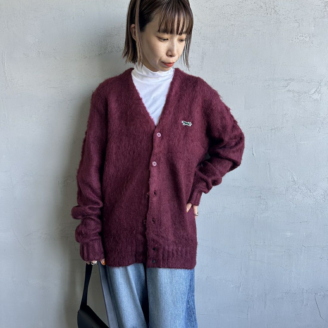 THE FOX [ザフォックス] 別注 シャギーモヘアカーディガン [PN24F010-JF] BURGUNDY &&モデル身長：158cm 着用サイズ：S&&