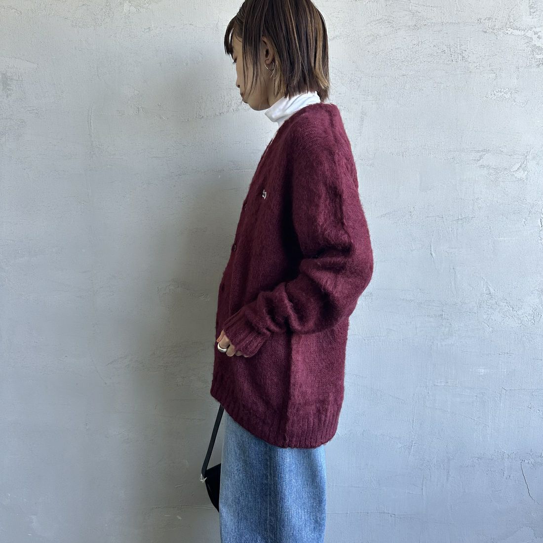 THE FOX [ザフォックス] 別注 シャギーモヘアカーディガン [PN24F010-JF] BURGUNDY &&モデル身長：158cm 着用サイズ：S&&