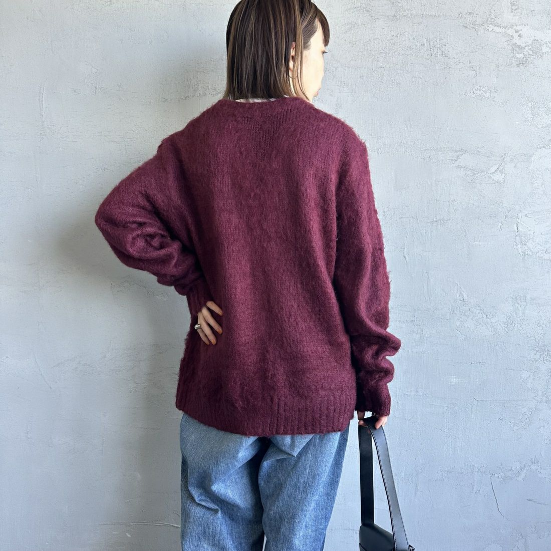 THE FOX [ザフォックス] 別注 シャギーモヘアカーディガン [PN24F010-JF] BURGUNDY &&モデル身長：158cm 着用サイズ：S&&