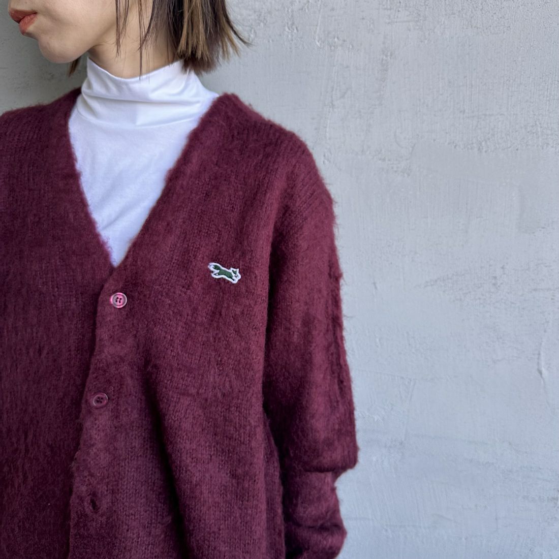THE FOX [ザフォックス] 別注 シャギーモヘアカーディガン [PN24F010-JF] BURGUNDY &&モデル身長：158cm 着用サイズ：S&&