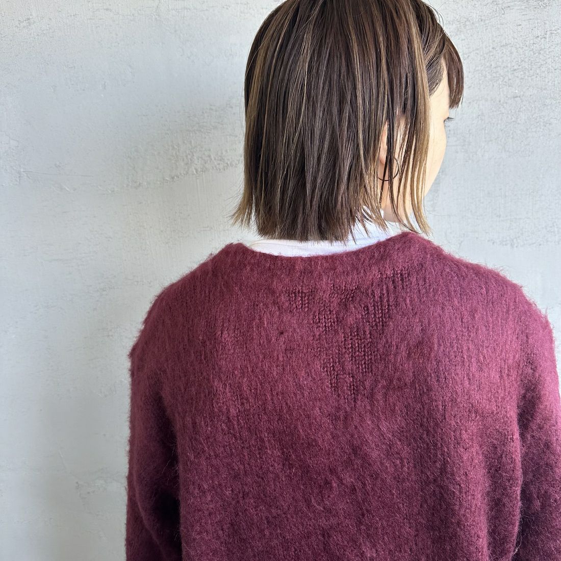 THE FOX [ザフォックス] 別注 シャギーモヘアカーディガン [PN24F010-JF] BURGUNDY &&モデル身長：158cm 着用サイズ：S&&
