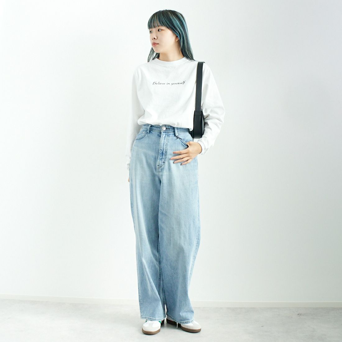 Goodwear [グッドウェア] 別注 クルーネック ロングスリーブTシャツ [NGW9951-2814-JF] 9000 WH/BK &&モデル身長：167cm 着用サイズ：M&&