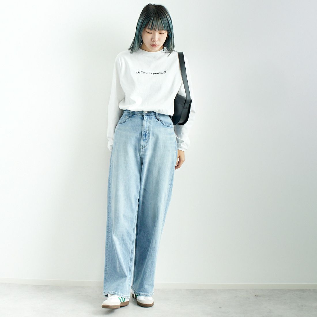 Goodwear [グッドウェア] 別注 クルーネック ロングスリーブTシャツ [NGW9951-2814-JF] 9000 WH/BK &&モデル身長：167cm 着用サイズ：M&&