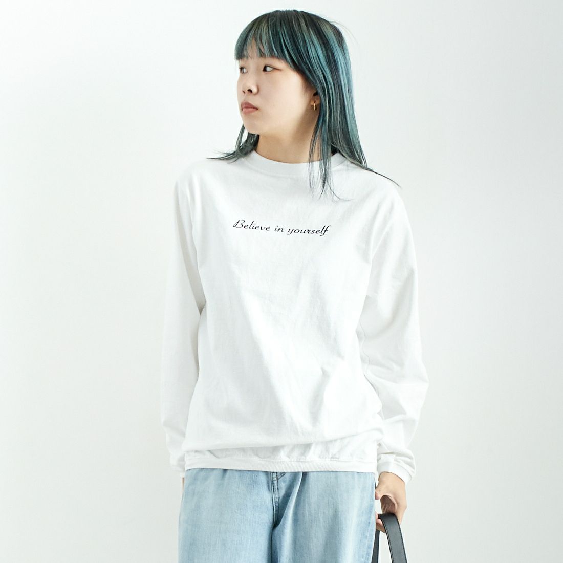 Goodwear [グッドウェア] 別注 クルーネック ロングスリーブTシャツ [NGW9951-2814-JF] 9000 WH/BK &&モデル身長：167cm 着用サイズ：M&&