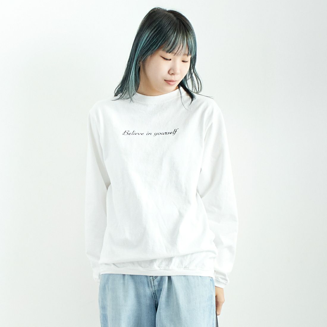 Goodwear [グッドウェア] 別注 クルーネック ロングスリーブTシャツ [NGW9951-2814-JF] 9000 WH/BK &&モデル身長：167cm 着用サイズ：M&&