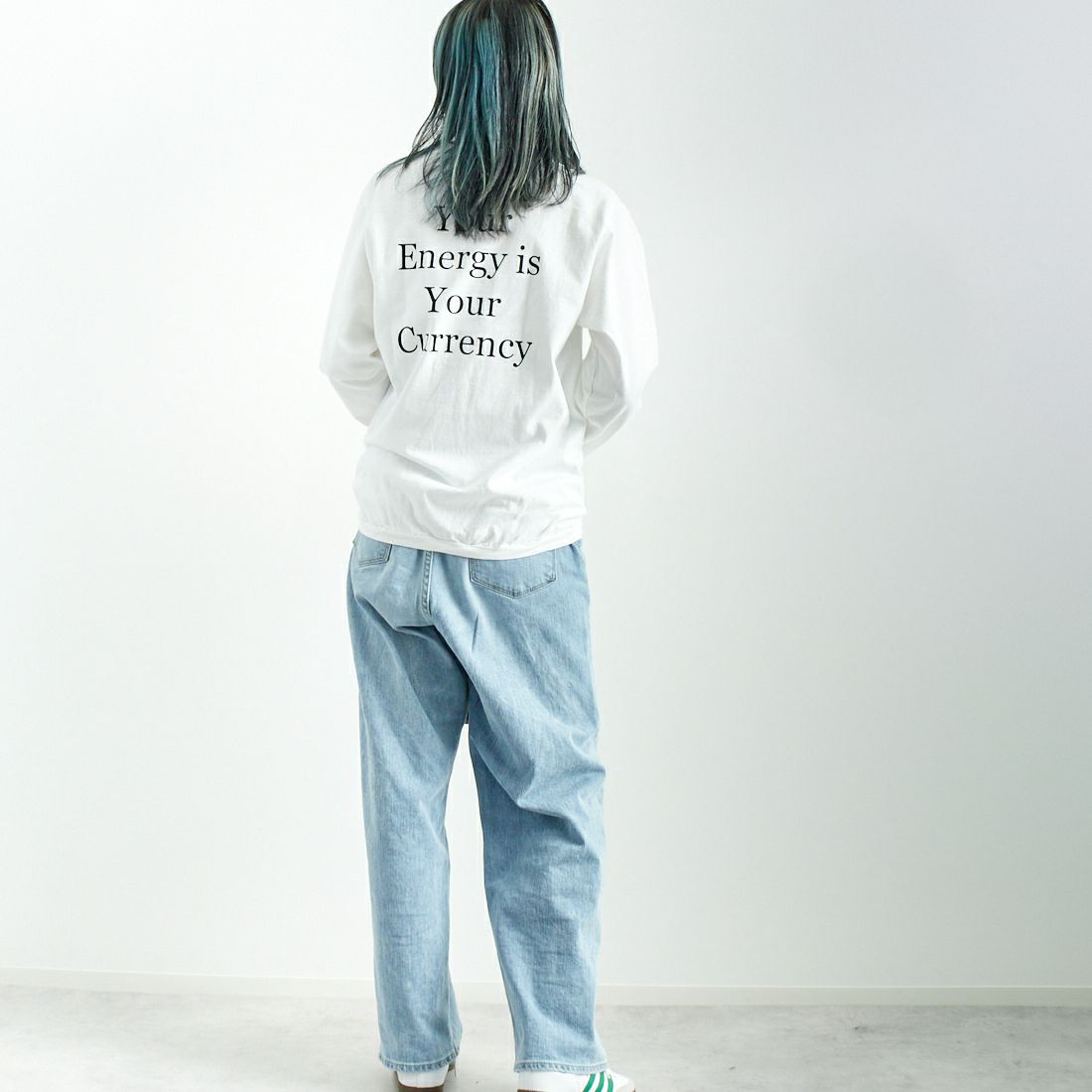 Goodwear [グッドウェア] 別注 クルーネック ロングスリーブTシャツ [NGW9951-2814-JF] 9000 WH/BK &&モデル身長：167cm 着用サイズ：M&&