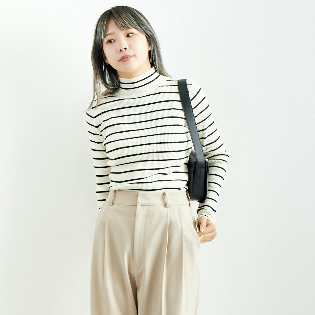 Jeans Factory Clothes [ジーンズファクトリークローズ] コンパクトリブハイネックニット [116-5027] OFF BD &&モデル身長：167cm 着用サイズ：F&&