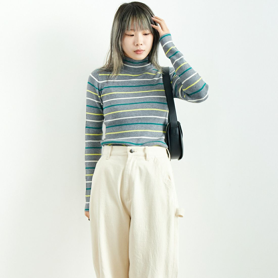 Jeans Factory Clothes [ジーンズファクトリークローズ] コンパクトリブハイネックニット [116-5027] GRY ﾏﾙﾁ &&モデル身長：167cm 着用サイズ：F&&
