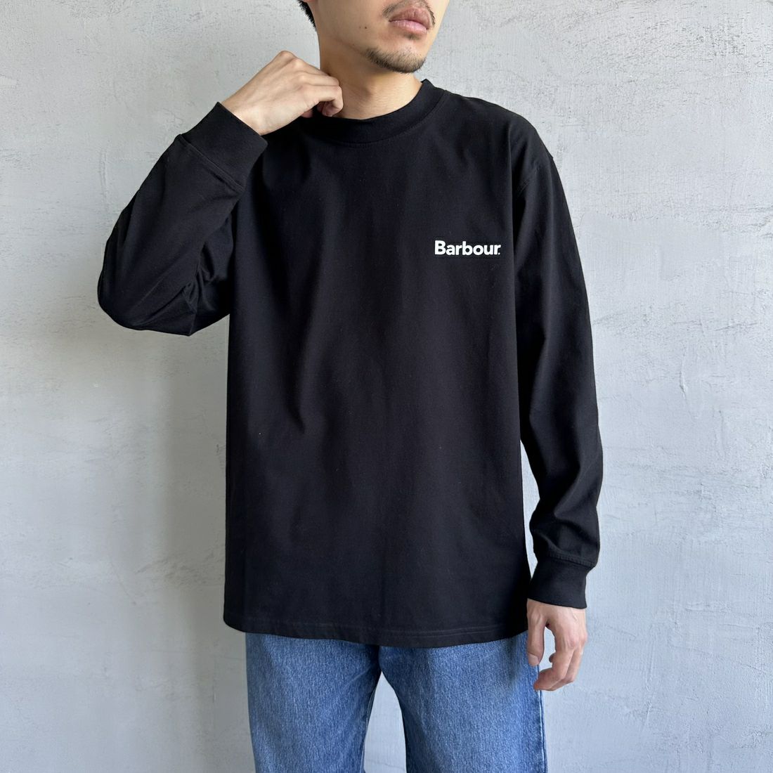 Barbour [バブアー] ワンポイントロゴ ロングスリーブTシャツ [MTS1328] BLACK &&モデル身長：168cm 着用サイズ：40&&