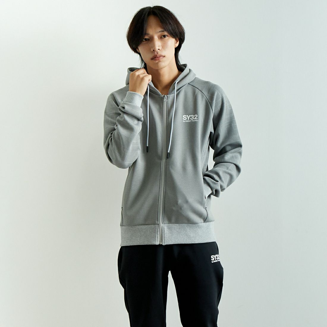 SY32 [エスワイサーティトゥ] ダブルニット ジップフーディー [14501] GRAY &&モデル身長：179cm 着用サイズ：L&&