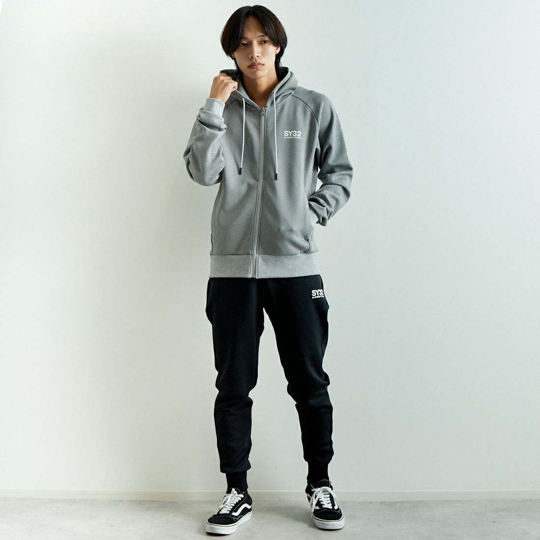 SY32 [エスワイサーティトゥ] ダブルニット ジップフーディー [14501] GRAY &&モデル身長：179cm 着用サイズ：L&&