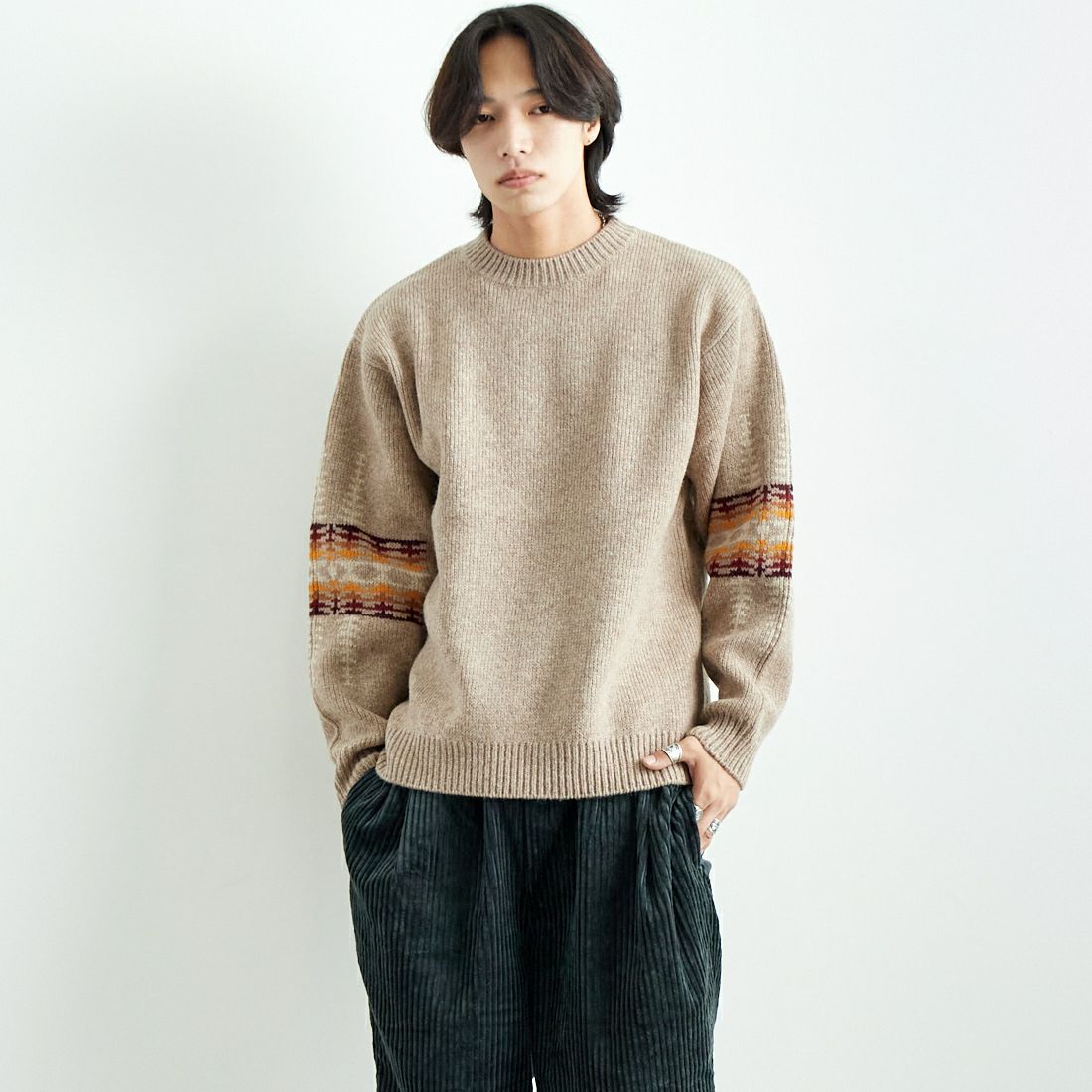 PENDLETON [ペンドルトン] クルーネックセーター [4575-8004] 18 BEIGE &&モデル身長：179cm 着用サイズ：L&&