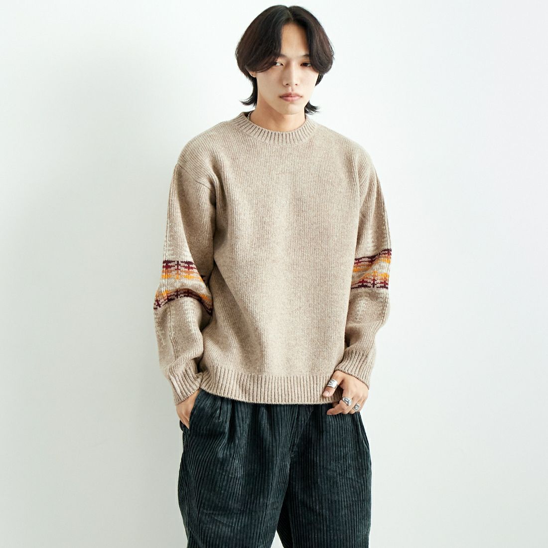 PENDLETON [ペンドルトン] クルーネックセーター [4575-8004] 18 BEIGE &&モデル身長：179cm 着用サイズ：L&&