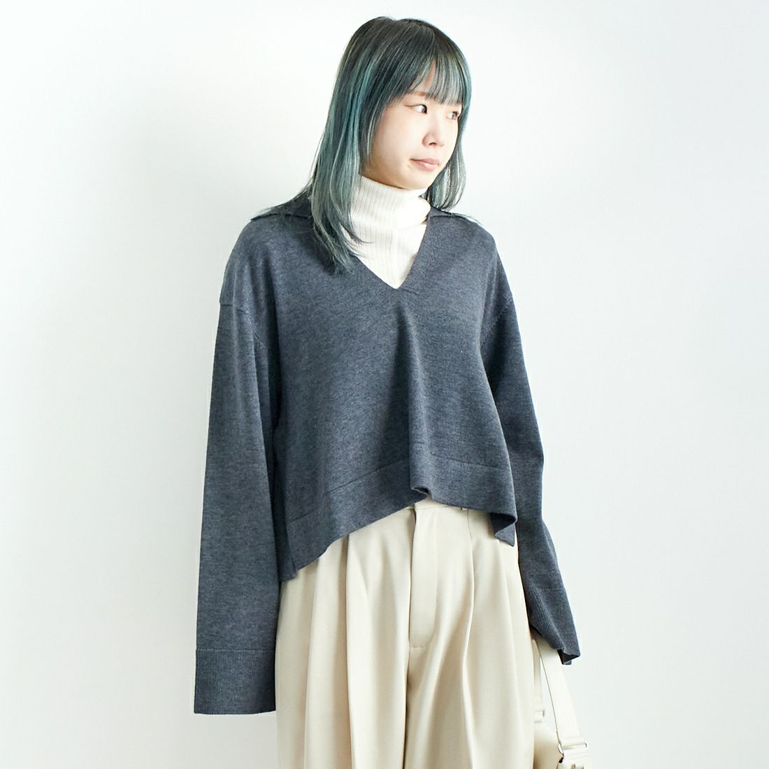 mizuiro ind [ミズイロインド] スキッパープルオーバー [3-220074] 91 GARY &&モデル身長：167cm 着用サイズ：F&&