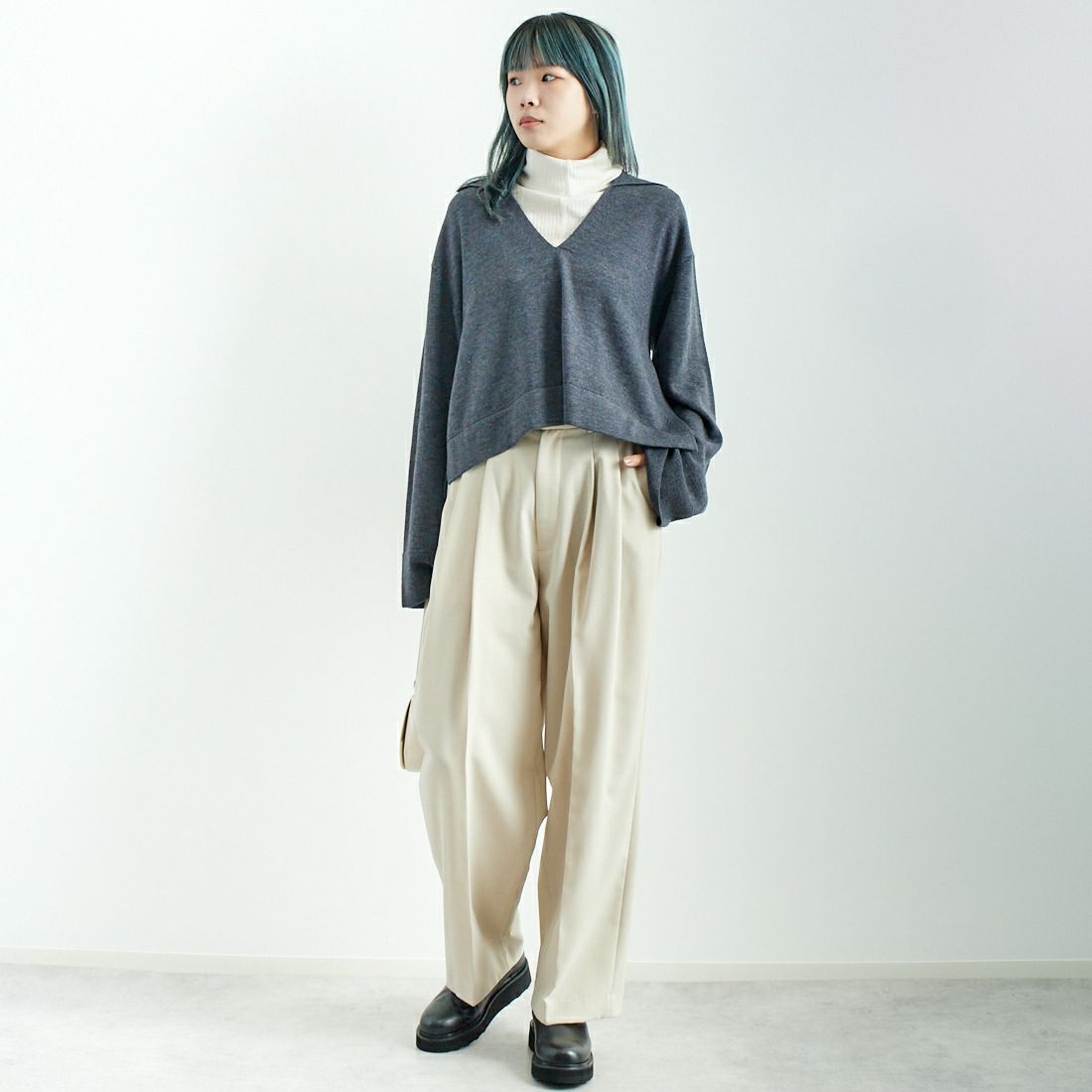 mizuiro ind [ミズイロインド] スキッパープルオーバー [3-220074] 91 GARY &&モデル身長：167cm 着用サイズ：F&&