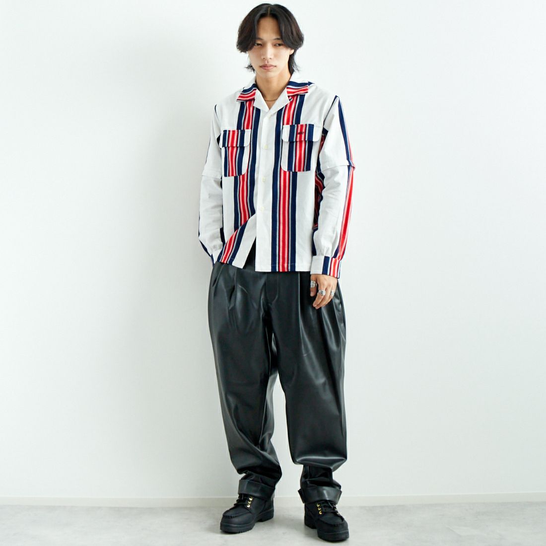 AiE [エーアイイー] シンセティックレザー パンツ [PU627] BLACK &&モデル身長：179cm 着用サイズ：M&&