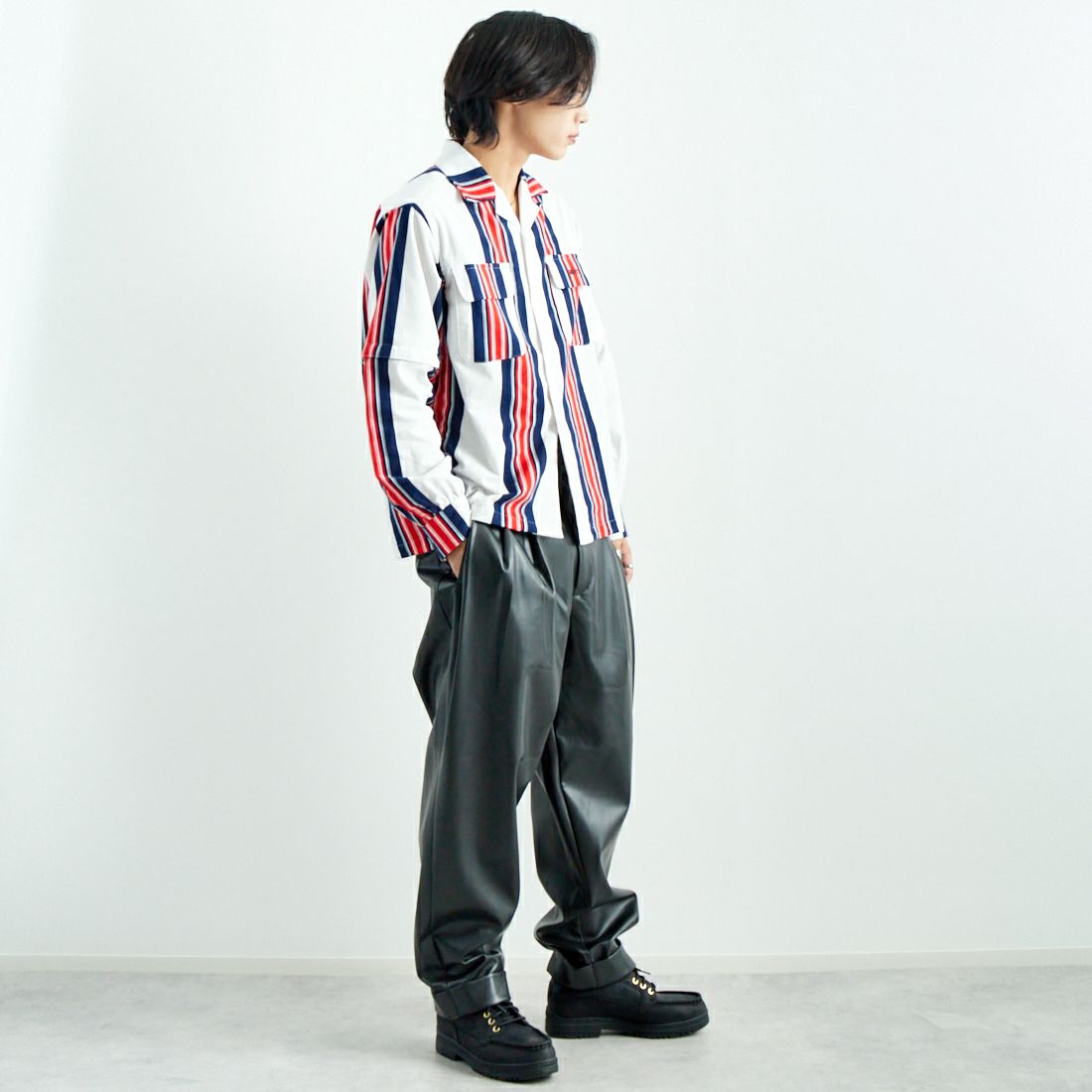 AiE [エーアイイー] シンセティックレザー パンツ [PU627] BLACK &&モデル身長：179cm 着用サイズ：M&&