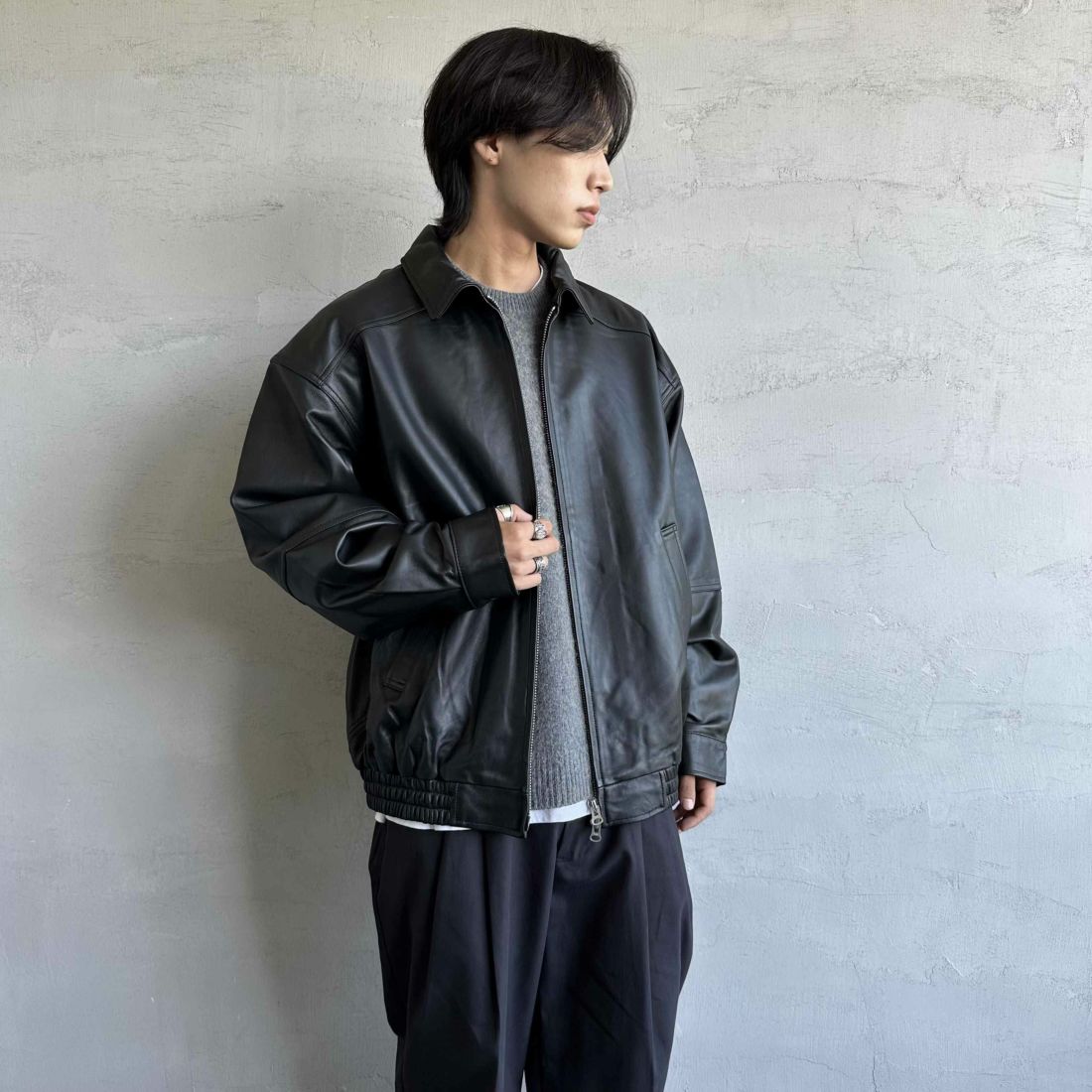 Jeans Factory Clothes [ジーンズファクトリークローズ] ラムレザーボンバージャケット [24410JF] BLACK &&モデル身長：179cm 着用サイズ：XL&&
