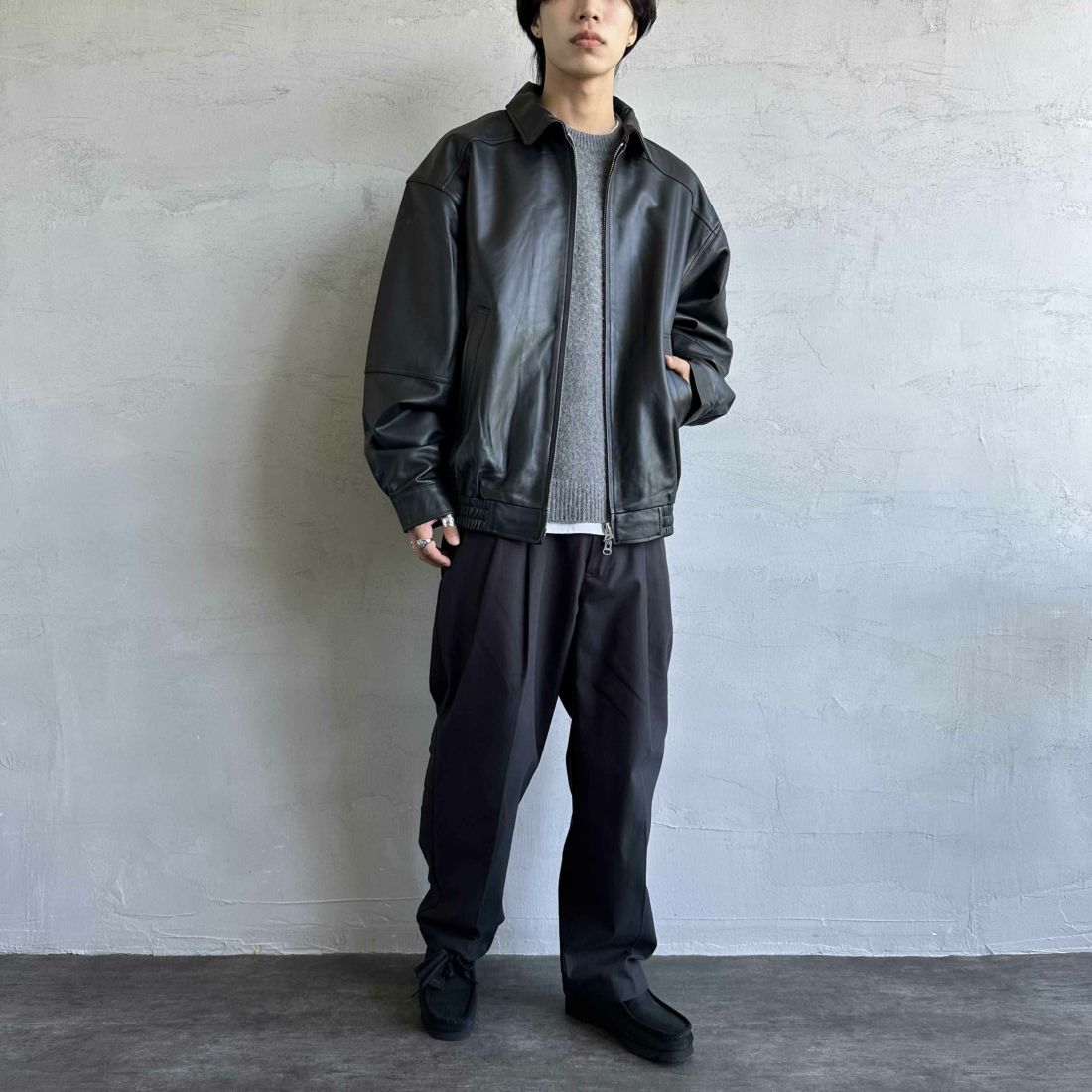 Jeans Factory Clothes [ジーンズファクトリークローズ] ラムレザーボンバージャケット [24410JF] BLACK &&モデル身長：179cm 着用サイズ：XL&&