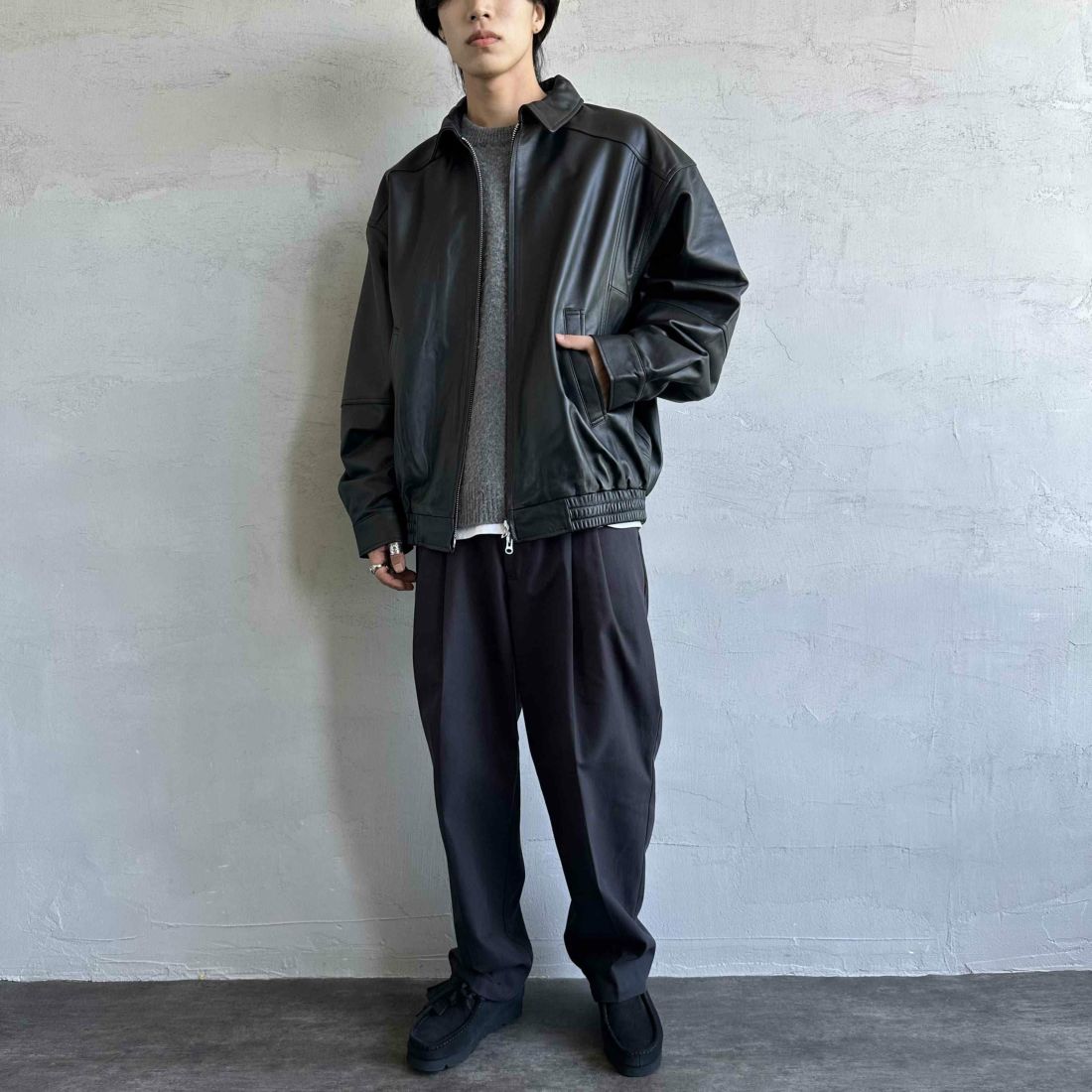 Jeans Factory Clothes [ジーンズファクトリークローズ] ラムレザーボンバージャケット [24410JF] BLACK &&モデル身長：179cm 着用サイズ：XL&&