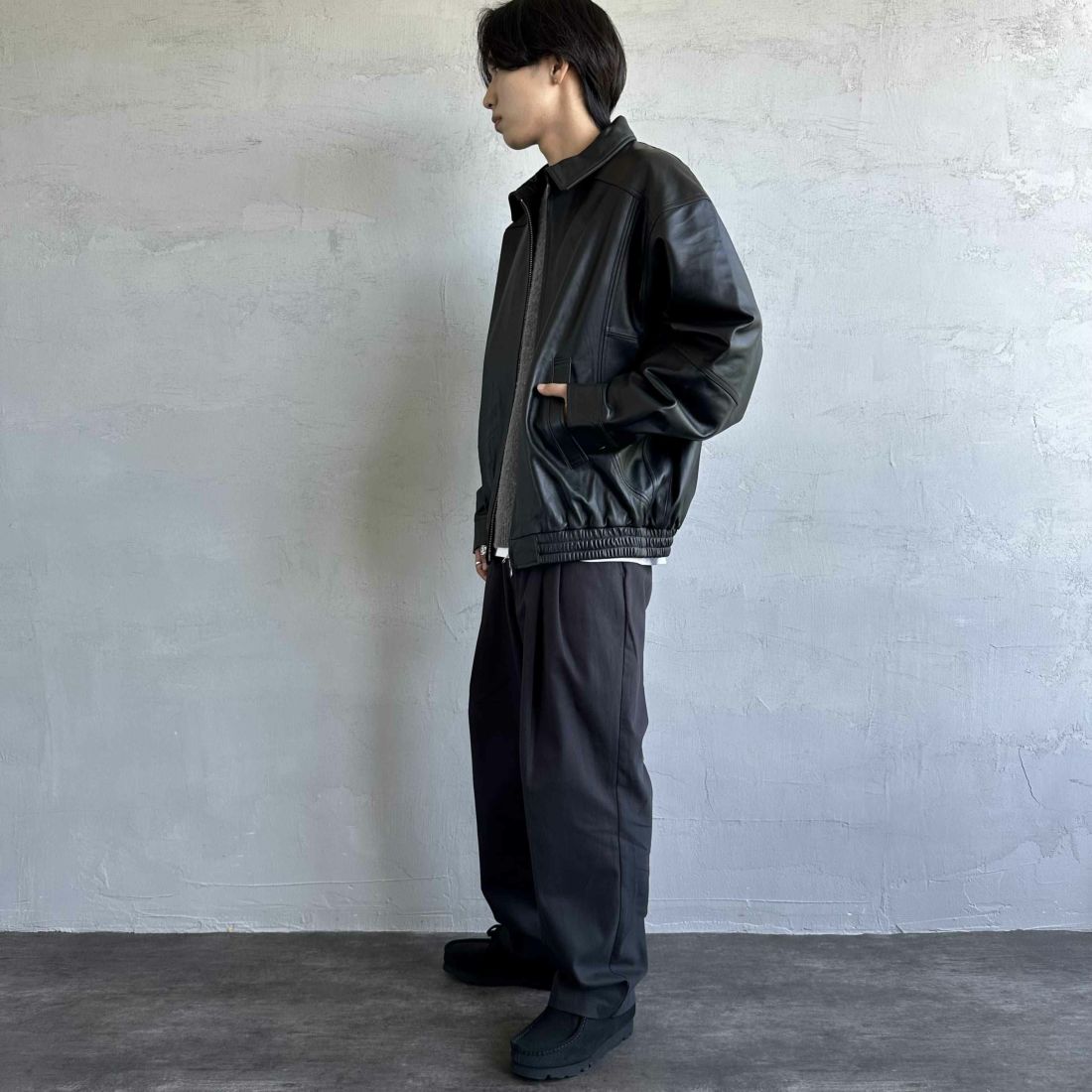 Jeans Factory Clothes [ジーンズファクトリークローズ] ラムレザーボンバージャケット [24410JF] BLACK &&モデル身長：179cm 着用サイズ：XL&&