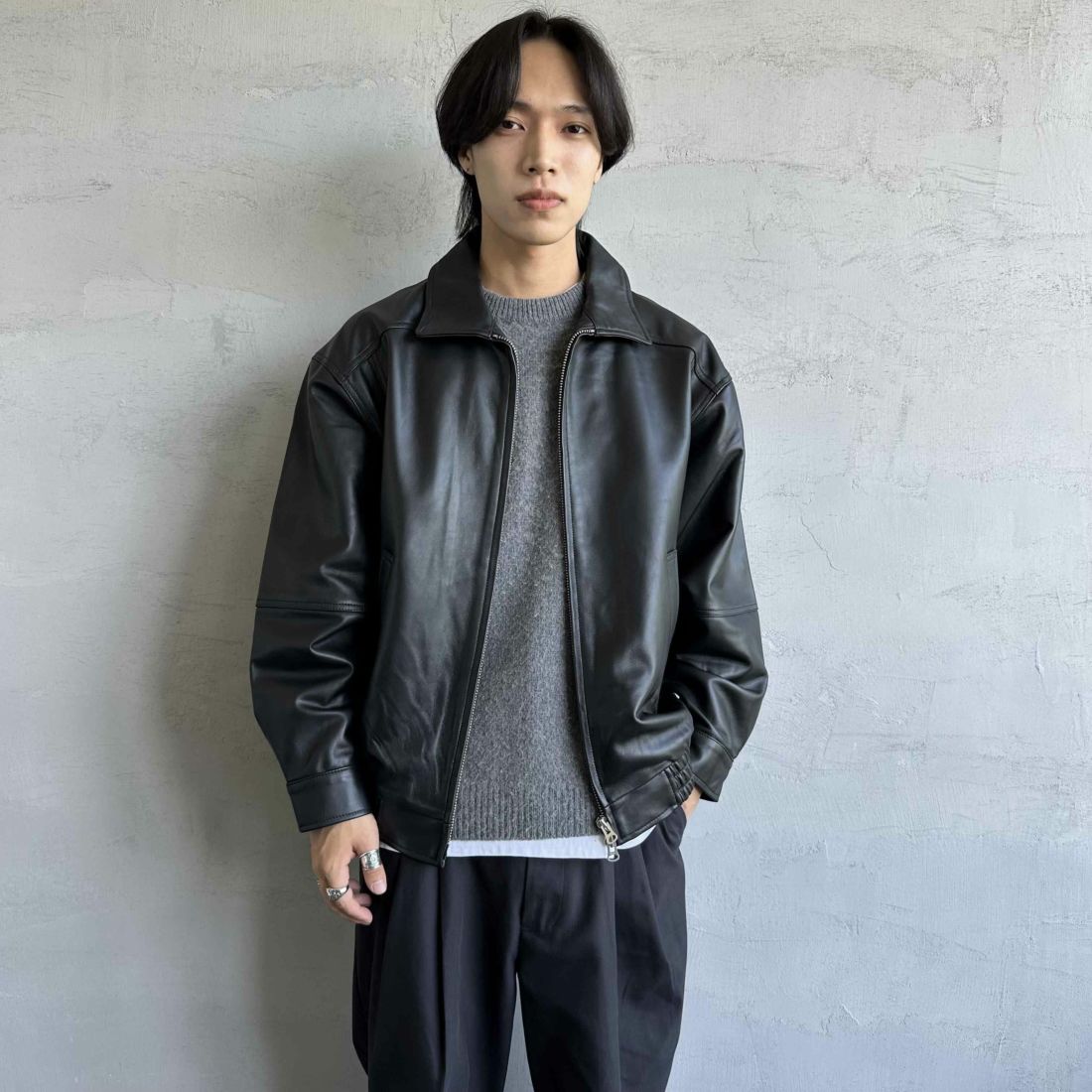 Jeans Factory Clothes [ジーンズファクトリークローズ] ラムレザーボンバージャケット [24410JF] BLACK &&モデル身長：179cm 着用サイズ：M&&