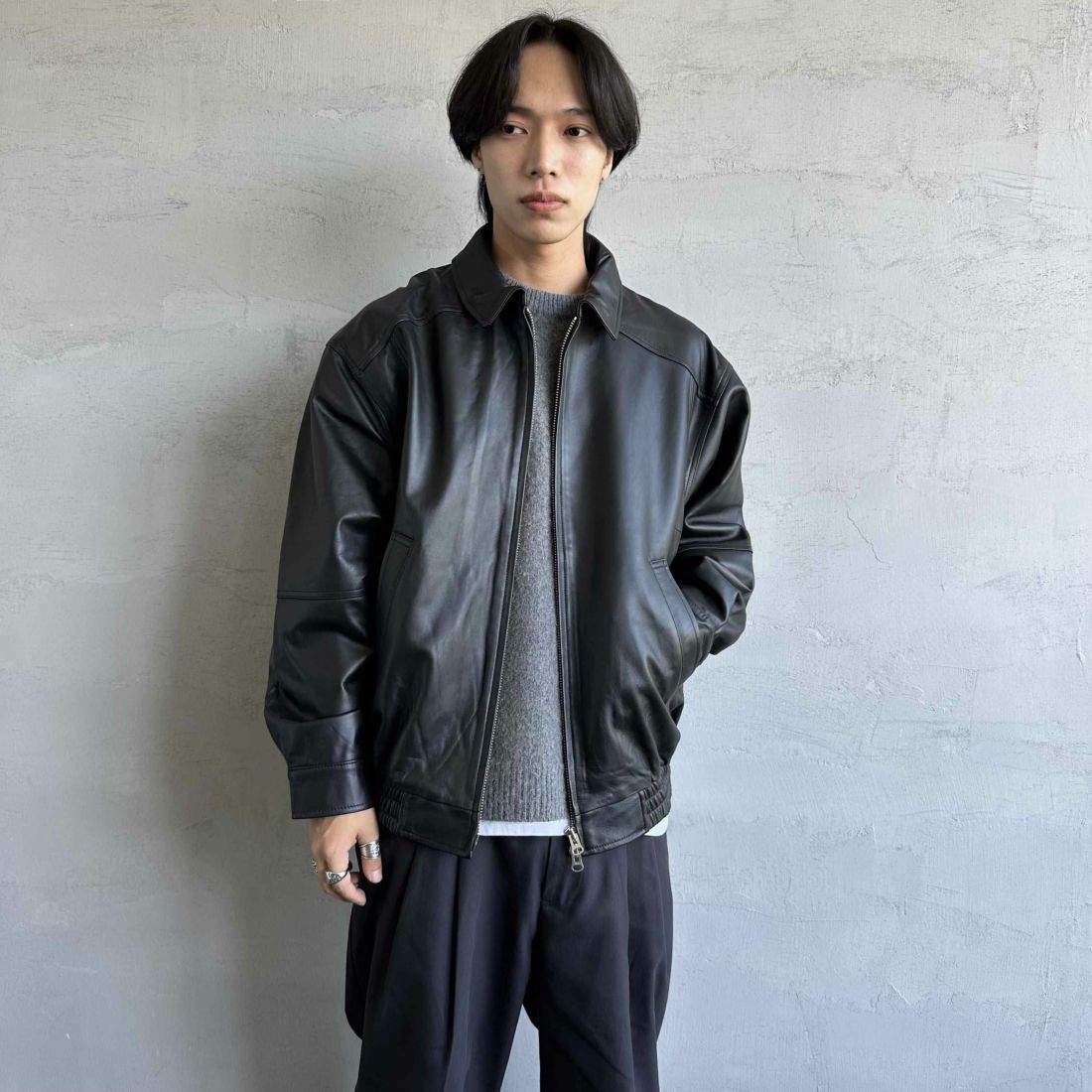 Jeans Factory Clothes [ジーンズファクトリークローズ] ラムレザーボンバージャケット [24410JF] BLACK &&モデル身長：179cm 着用サイズ：L&&