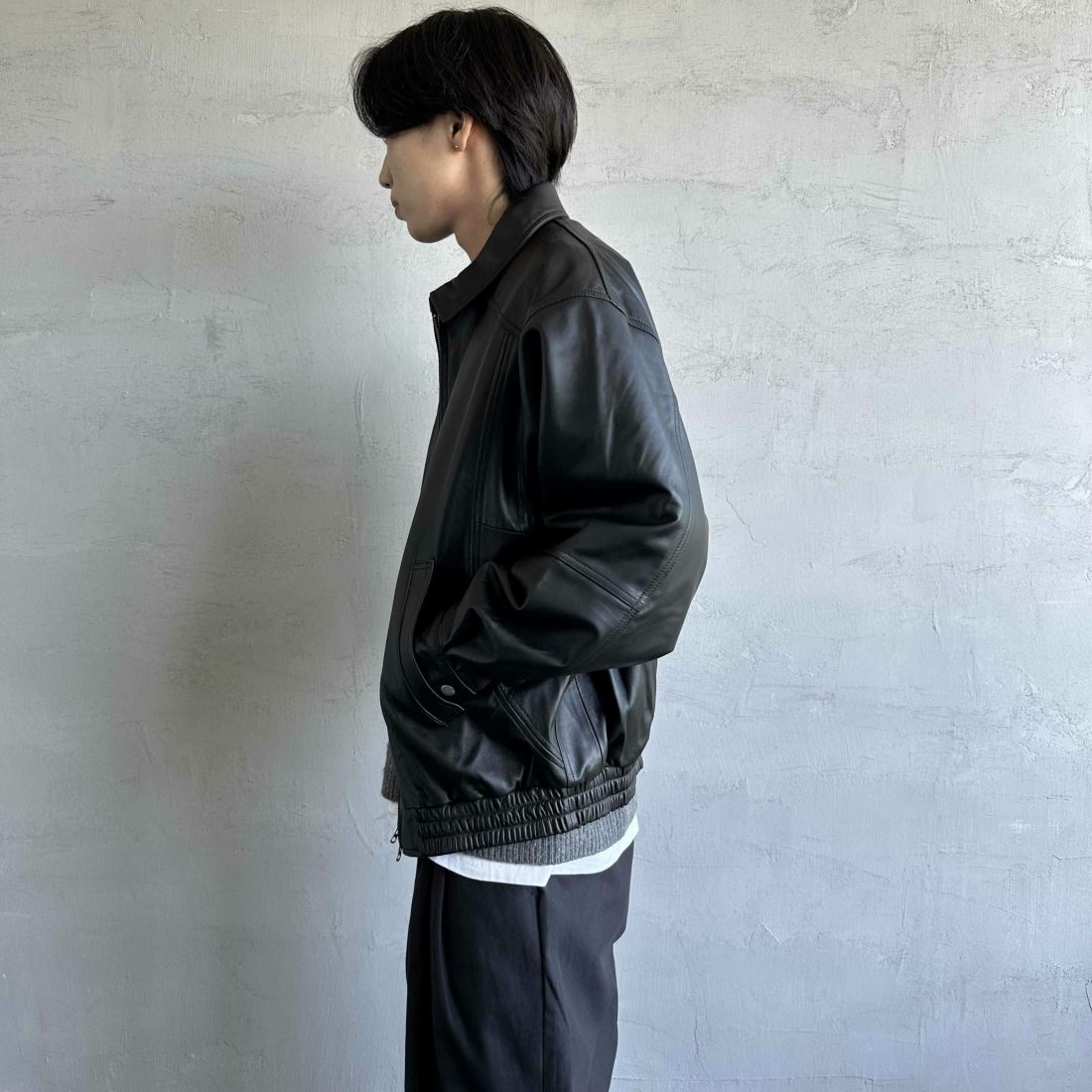Jeans Factory Clothes [ジーンズファクトリークローズ] ラムレザーボンバージャケット [24410JF] BLACK &&モデル身長：179cm 着用サイズ：L&&