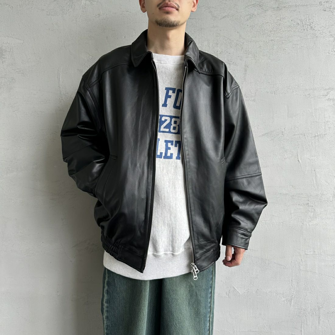 Jeans Factory Clothes [ジーンズファクトリークローズ] ラムレザーボンバージャケット [24410JF] BLACK &&モデル身長：168cm 着用サイズ：L&&