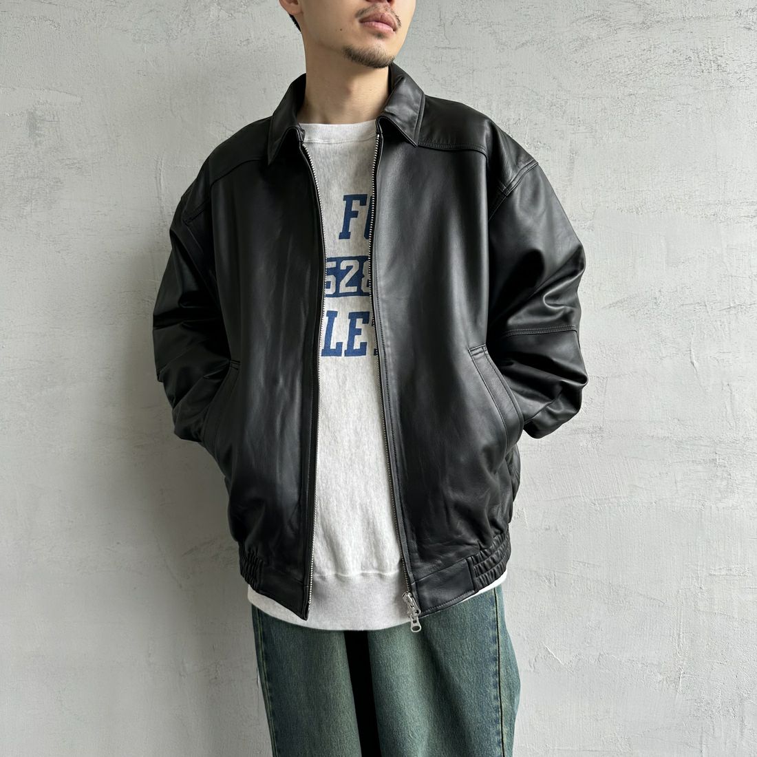 Jeans Factory Clothes [ジーンズファクトリークローズ] ラムレザーボンバージャケット [24410JF] BLACK &&モデル身長：168cm 着用サイズ：L&&