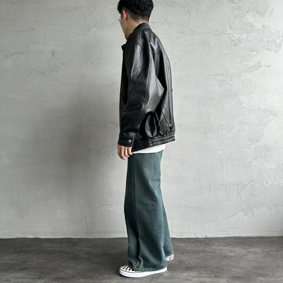 Jeans Factory Clothes [ジーンズファクトリークローズ] ラムレザーボンバージャケット [24410JF] BLACK &&モデル身長：168cm 着用サイズ：L&&