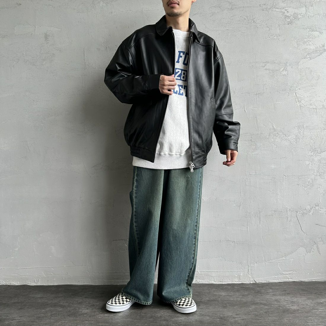 Jeans Factory Clothes [ジーンズファクトリークローズ] ラムレザーボンバージャケット [24410JF] BLACK &&モデル身長：168cm 着用サイズ：L&&