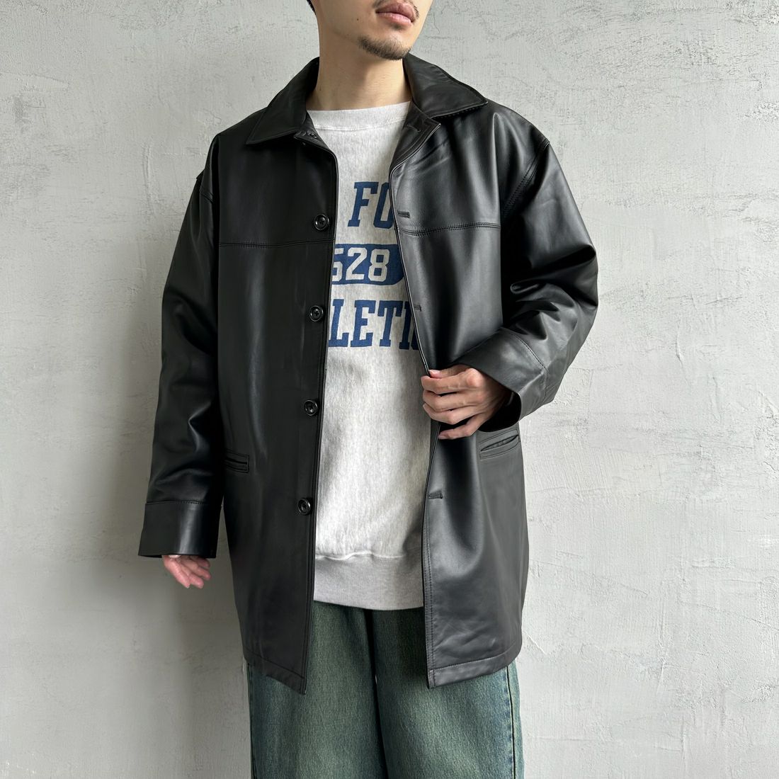 Jeans Factory Clothes [ジーンズファクトリークローズ] ラムレザーカーコート [24411JF] BLACK &&モデル身長：168cm 着用サイズ：L&&