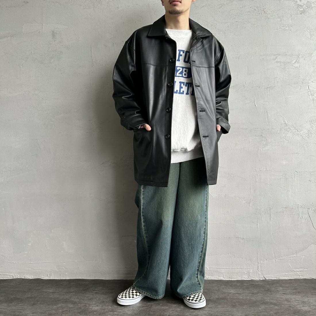 Jeans Factory Clothes [ジーンズファクトリークローズ] ラムレザーカーコート [24411JF] BLACK &&モデル身長：168cm 着用サイズ：L&&