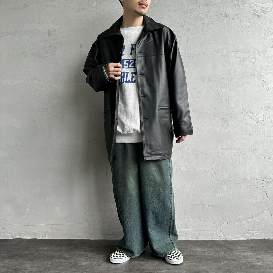Jeans Factory Clothes [ジーンズファクトリークローズ] ラムレザーカーコート [24411JF] BLACK &&モデル身長：168cm 着用サイズ：L&&